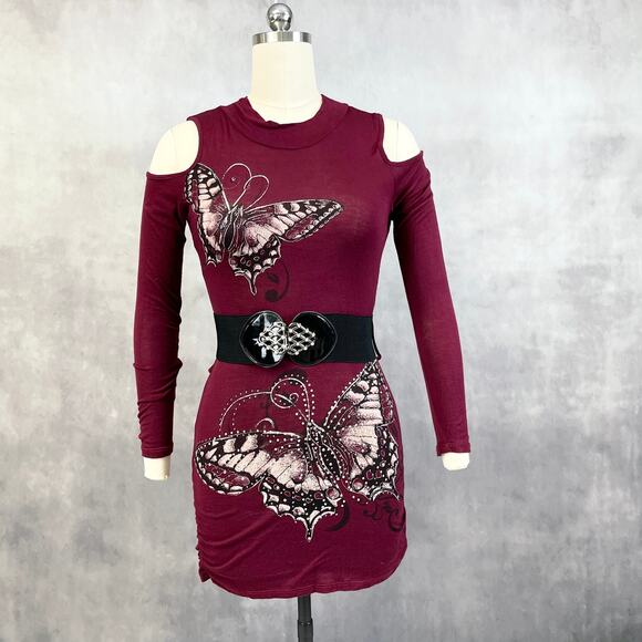 Y2K Womens Dress Cold‑Shoulder Butterfly Rhinestone Bodycon Goth Grunge Clubwear - Picture 1 of 11
